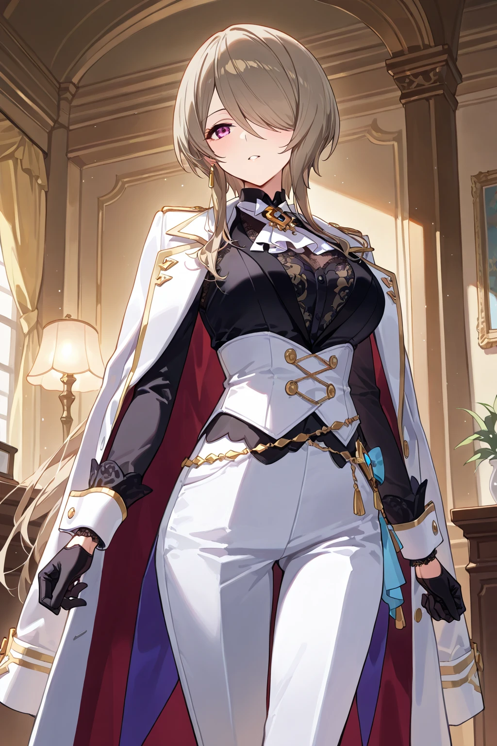 female, blonde long hair in a ponytail, blue eyes, (((1girl))), (((white regal coat with gold trim))), (black high collar shirt), (white dress pants), (gold heels), (black belt), (glasses), (black fingerless gloves), cute and sexy, modest breasts, modest butt, full body, long legs, smiling