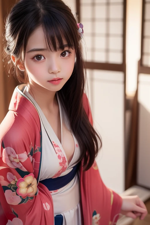 ((best quality, 8K, masterpiece)), ultra detailed, sharp focus, 1 cute girl, ((red kimono)), (((kimono lifting:1.4))), (((white lace panties))), highly detailed face and skin texture, ((detailed eyes)), ((beautiful eyes:1.2)), (Japanese shrine)
