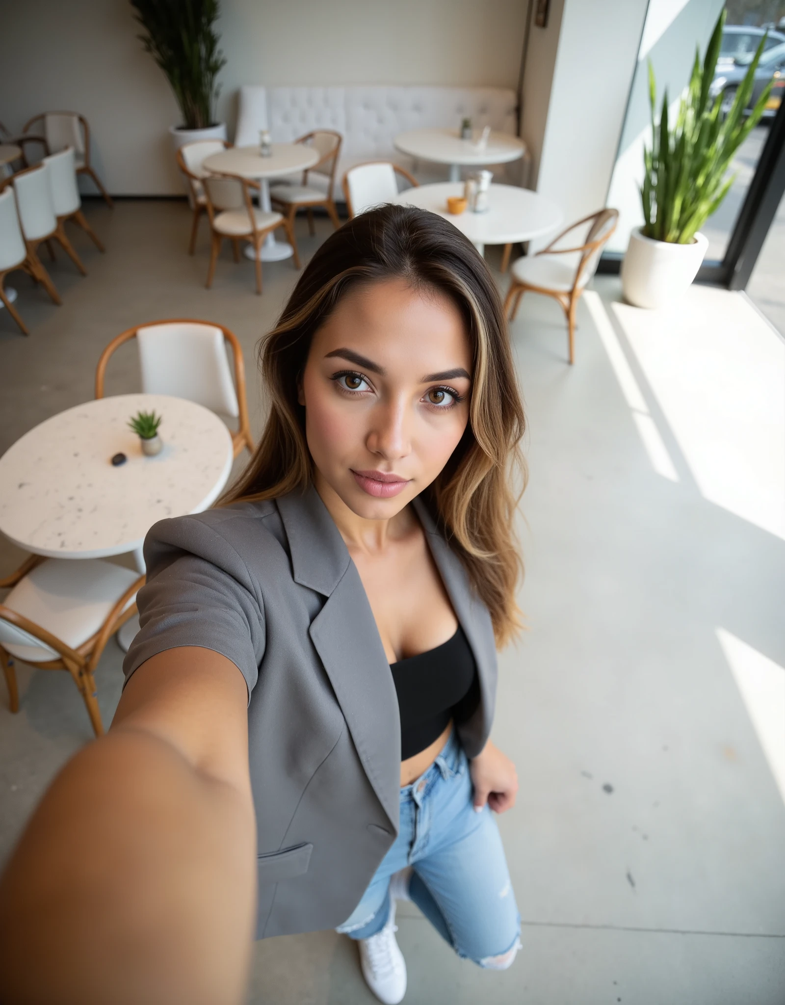 Eden, a 23-year-old influencer from Hamburg, tall and slender with long, dark blonde hair, takes a high-angle selfie in a trendy café. She is dressed in a stylish, modern outfit: a cropped designer blazer, high-waisted wide-leg jeans, and white sneakers. Her expression is confident yet effortless, with soft natural makeup and glossy lips. , looking directly into the camera. The background features a bright, airy café with minimalist Scandinavian decor, terrazzo tables, artisan coffee cups, lush green plants, and large windows allowing natural daylight to flood in. The atmosphere is chic, modern, and Instagram-worthy. Ultra-HD, sharp focus, bright natural lighting, stylish aesthetic, high-fashion streetwear, modern café ambiance, shot with iPhone 16 Pro Max.