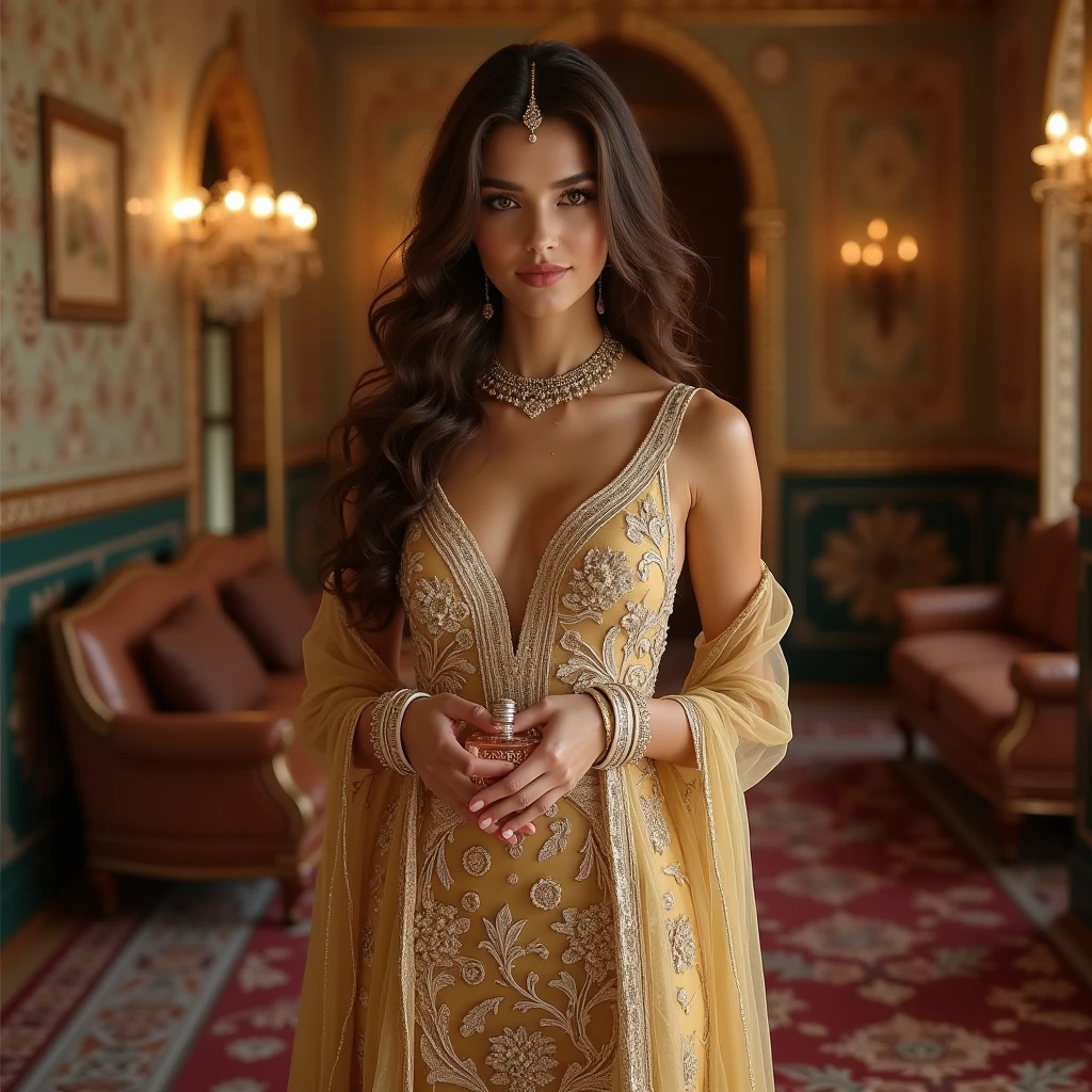 ((Best quality, 8k, Masterpiece :1.3)), Whole body, Sharp focus :1.2, A pretty Arabian woman, curly dark hair, light grey eyes, huge lip fillers, very pale skin, big breast, She should be adorned with radiant, intricate jewelry that catches the light. Her attire should be mystical and captivating, featuring rich fabrics, flowing designs, and intricate patterns that evoke a sense of wonder. The overall impression should be one of enchanting elegance, with a magical and mysterious aura surrounding her. Her posture and expression should convey a sense of ethereal grace and otherworldly charm.