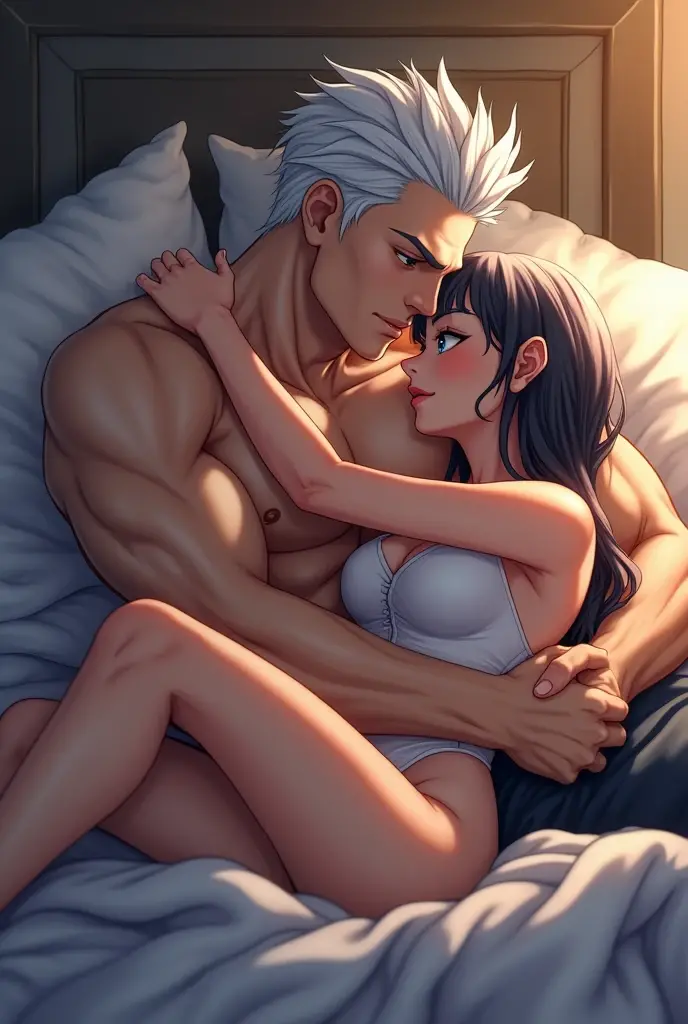 1 girl, pixie cut, short girl, white hair, very short, white eyelashes, purple eyes, Japanese, huge breast, sexy, full body, fit body, very white skin, white bathrobe, laying in bed, teasing, seductive, tongue kissing, touching, 1 boy, tall boy, Long black hair, red eyes, fit body, white long sleeve polo, rolled up sleeves, black pants, size difference, touching boob, on bed, big bed, 