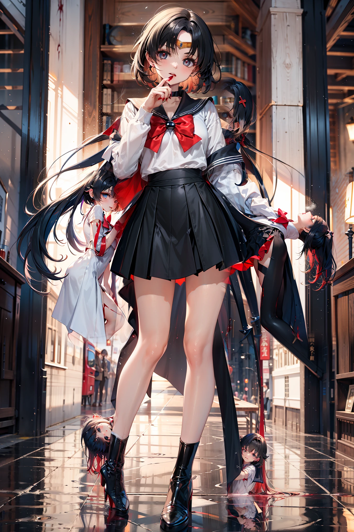 1 Girl and 1 Man、(full body shot)、enemy organization that turned into a vampire、Brainwashed Sailor Girl、sailor mercury、
The enemy man's king raises her chin 、Put your lips together。
At that moment、 Her body heats up.、 (Her crimson eyes glow. 、Her vertical black eyes glow.)、( She changes into a black sailor uniform. )、( Her nails are long.、Stained red. )、( the tips of her hair turn red like blood )。(She transforms into a vampire.、She falls to the enemy king.)
The moment she drank the king's blood, 、 Her whole body is filled with the power of darkness. 。
「... I like。more... Queen... 」
The enemy king smiles. 、「 She is good. ... now 、 from now on 」whispering 。
(full body shot)、(White soft thighs )