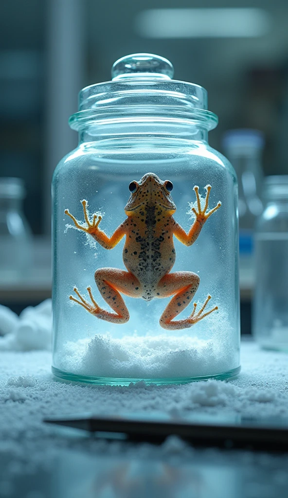 Frog completely frozen in ice 