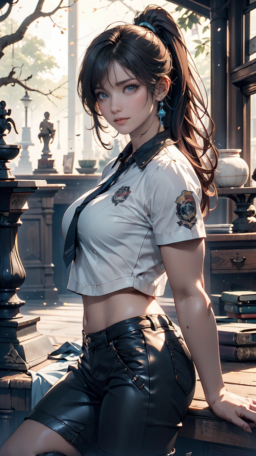 (Highest Resolution, clear_image), Highest quality, masterpiece, Very detailed, Semi-realistic, Woman with shoulder-length black hair, Dark Eyes, mature, mature woman, Imperial sister, sexy, short hair, Triple Van, Light blue uniform, Light blue uniform jacket, soldier, Light blue pleated skirt, uniform, Fighter Front, future, sf, universe、Sexy proportions、Narrow waist、Erotic female body、Saggy breasts、Big Breasts、Nipple swelling emphasis