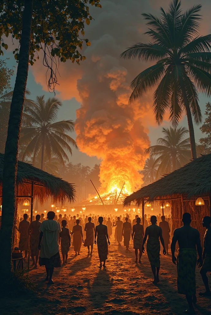 Amazonian village on fire drawing pixar style