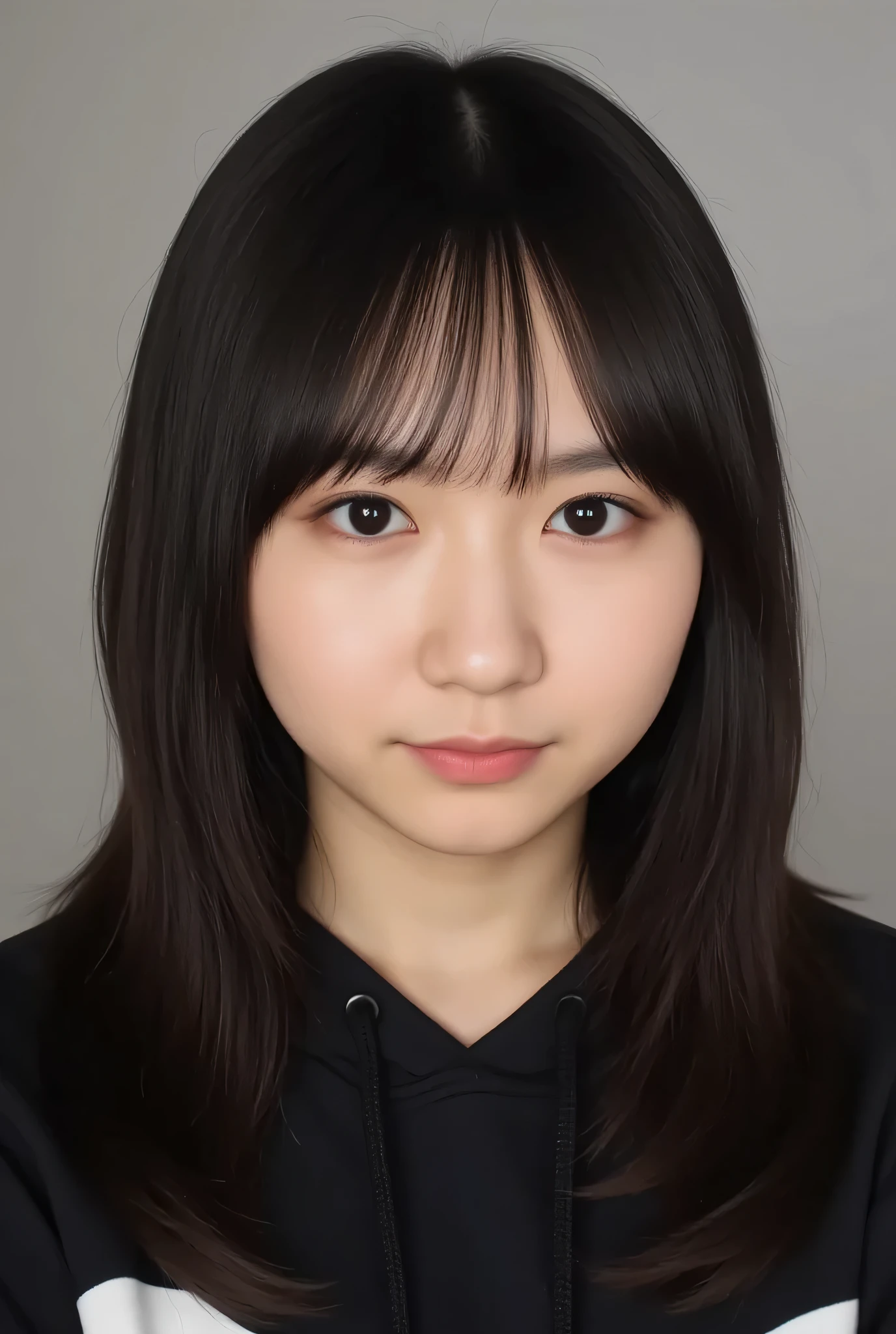 1girl, Solo, High Resolution, Masterpiece, Anatomically Correct, Accurate, real proportions, detailed skin, detailed face, Best Quality, real life style, black hair, emo hair, hair covering half face, glasses, black hoodie, portrait