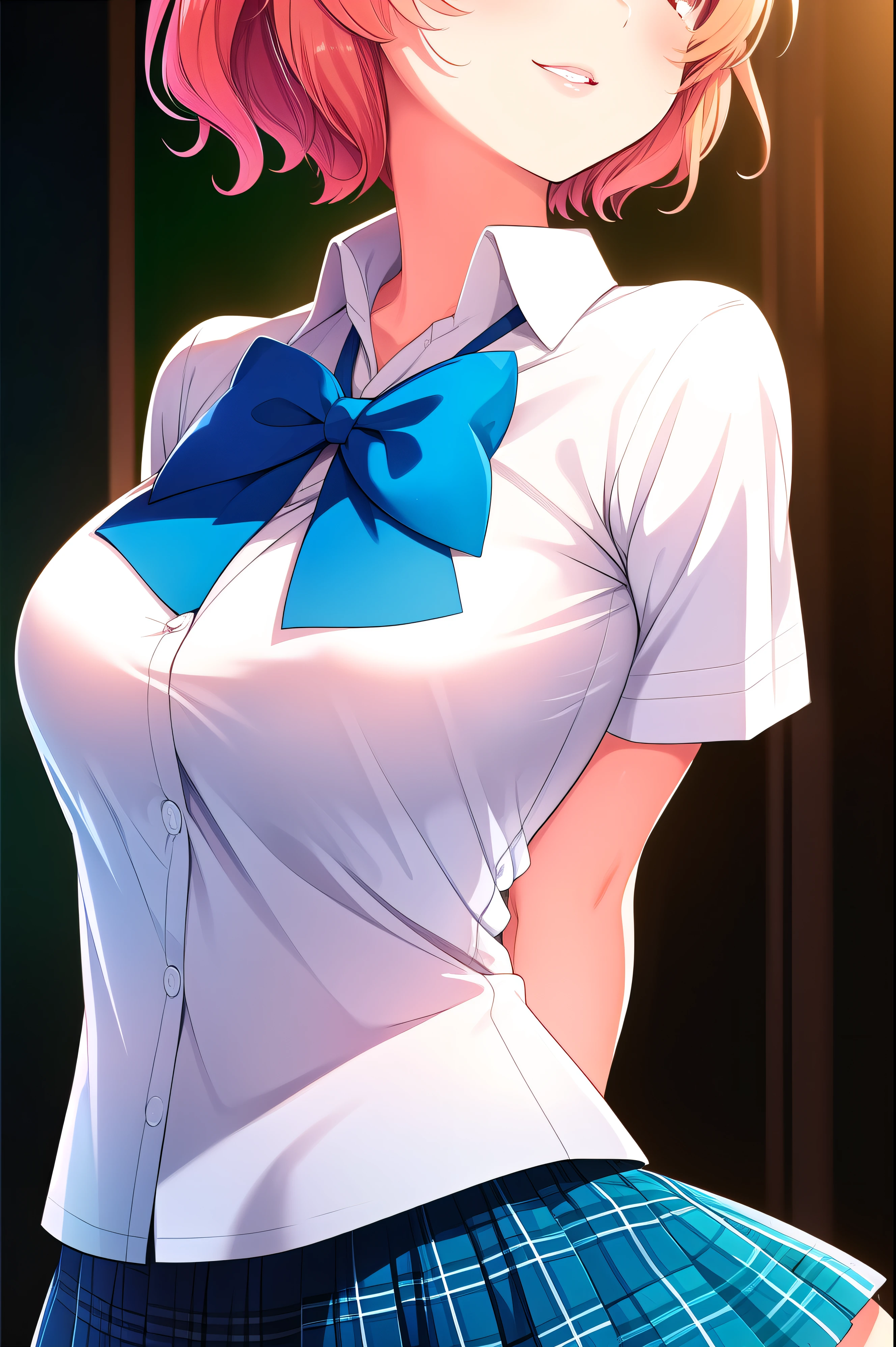 ( masterpiece, Highest quality), very detailed background, perfect lightingHighest quality, (upper body close-up angle:1.5), (arms behind back:1.6), Tomura Michiru, Alone, indoors, SCHOOL CLASSROOM, orange hair, One side up, pink hair bobble, hair between eyes, short hair, red eyes, medium boobs, (Blue Bowtie:1.3), white shirt, Short sleeve, blue skirt, plaid skirt、white thin thighs,、white knee socks, Glossy、 school uniform, Laughter、blush, pink lips,