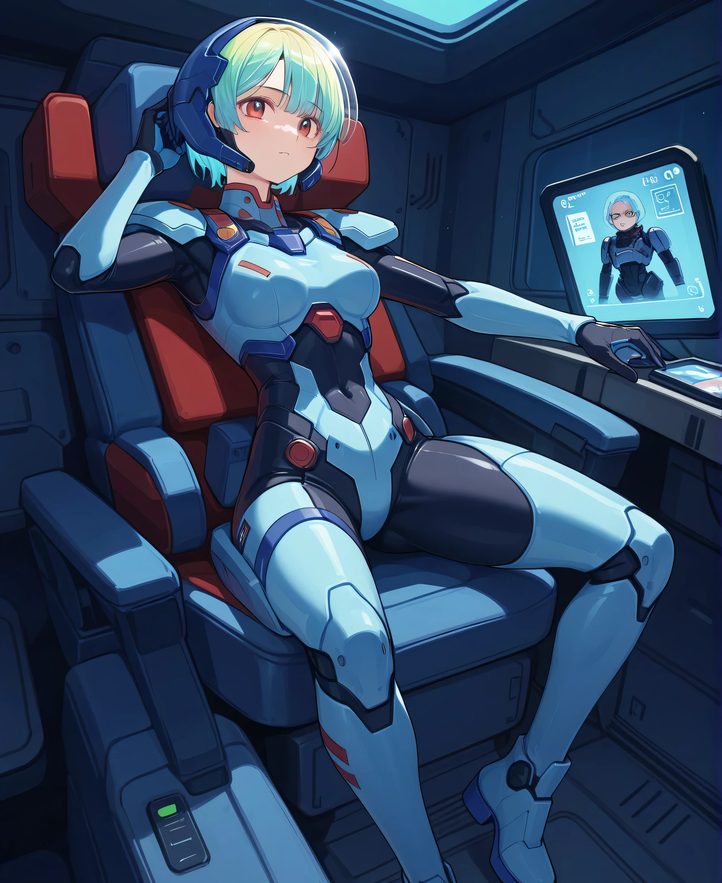 ((Holographic Glow Effect))、 Gundam Wing Cockpit, Lantern、masterpiece、Highest quality、1 person、medium bust、((Album Cover))、Light on Face、slender body、white and blue pilot suit with enamel finish、 elbow length gloves 、long hard boots 、exoskeleton、Metal Gear、cyberpunk style、Gundam Pilot、attention arousal、 bubble helmet 、 space helmet, muvluv, space helm, eva helm,Transparent face guard,Complex and precise instruments,full body