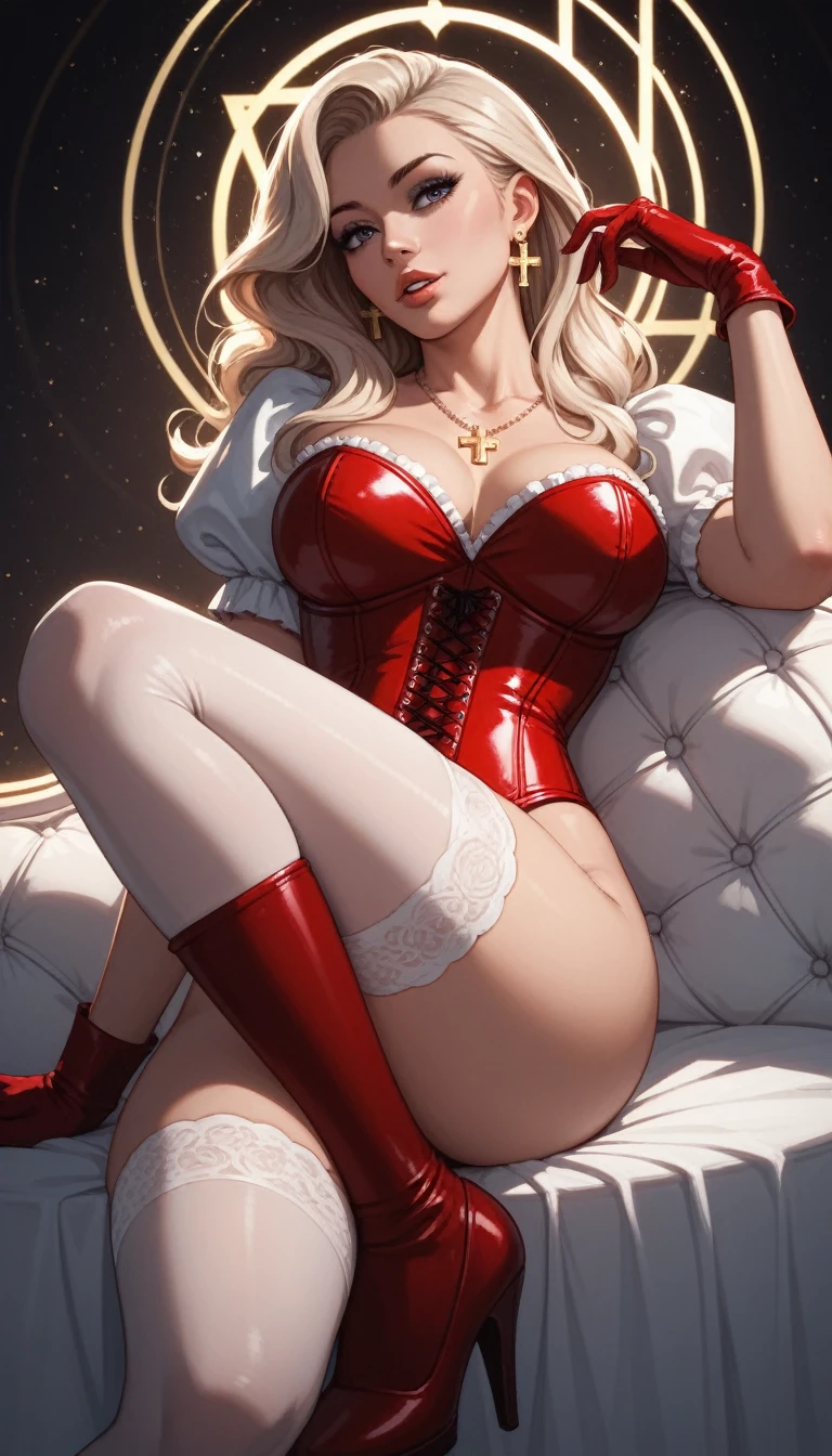 (((masterpiece,high resolution,best quality))), 1girl, solo,wine bottle,bare legs, large breasts, lying, on back, petals, looking at viewer, armpits, open mouth, solo, blush, wet clothes, heart, arms up, wet, bed sheet, origin, 1girl, red cape, boots, gloves, epaulettes, black corset, corset, black gloves, :d, black skirt, Pirotess, (yellow eyes), white hair, silver hair, very long hair, straight hair, solo, adult woman, tall, slightly muscular, large breasted, cleavage, constricted waist, Toned body, slight abs, thin dark skin, pointy ears, lipstick, makeup, black eyeshadow, circlet, white short dress, jewelry, bracelet, white gloves, thigh boots