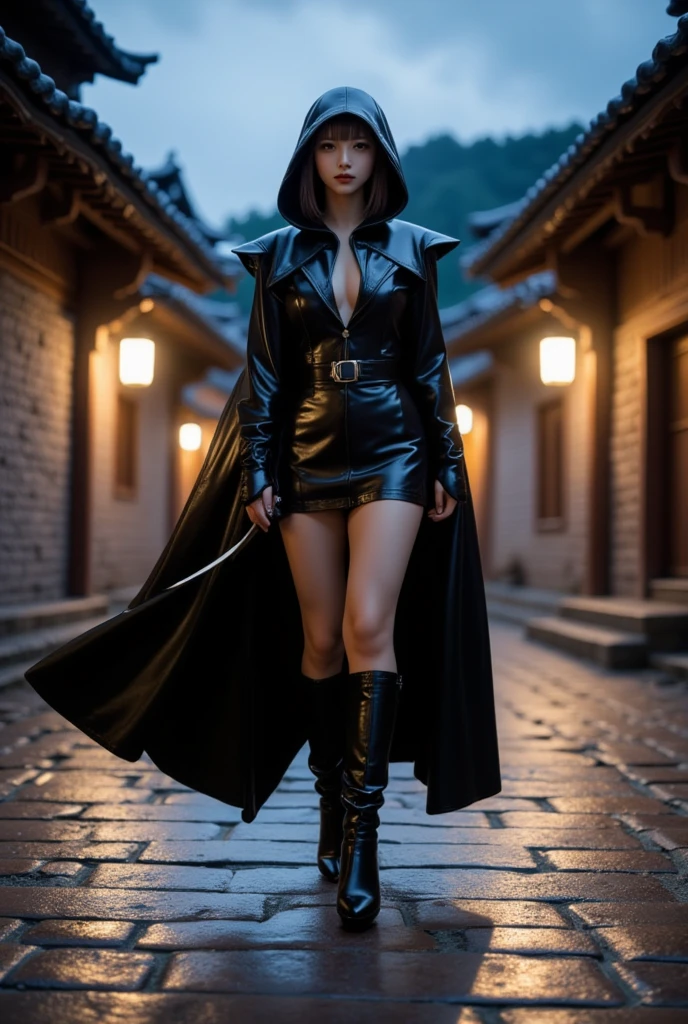 Beautiful woman walking in the wind, black gloves, knee-high leather red sole boots, tall, long legs, perfect body proportions, thin waist, black suspender stockings, tight leather dress, tall, slender body, nine-headed body, big eyes, beautiful and delicate face, perfect body details, perfect body proportions, perfect visual proportions, fashion shooting, glamorous, feminine, delicate, highlighting female curves, subtext: sexy, confident.