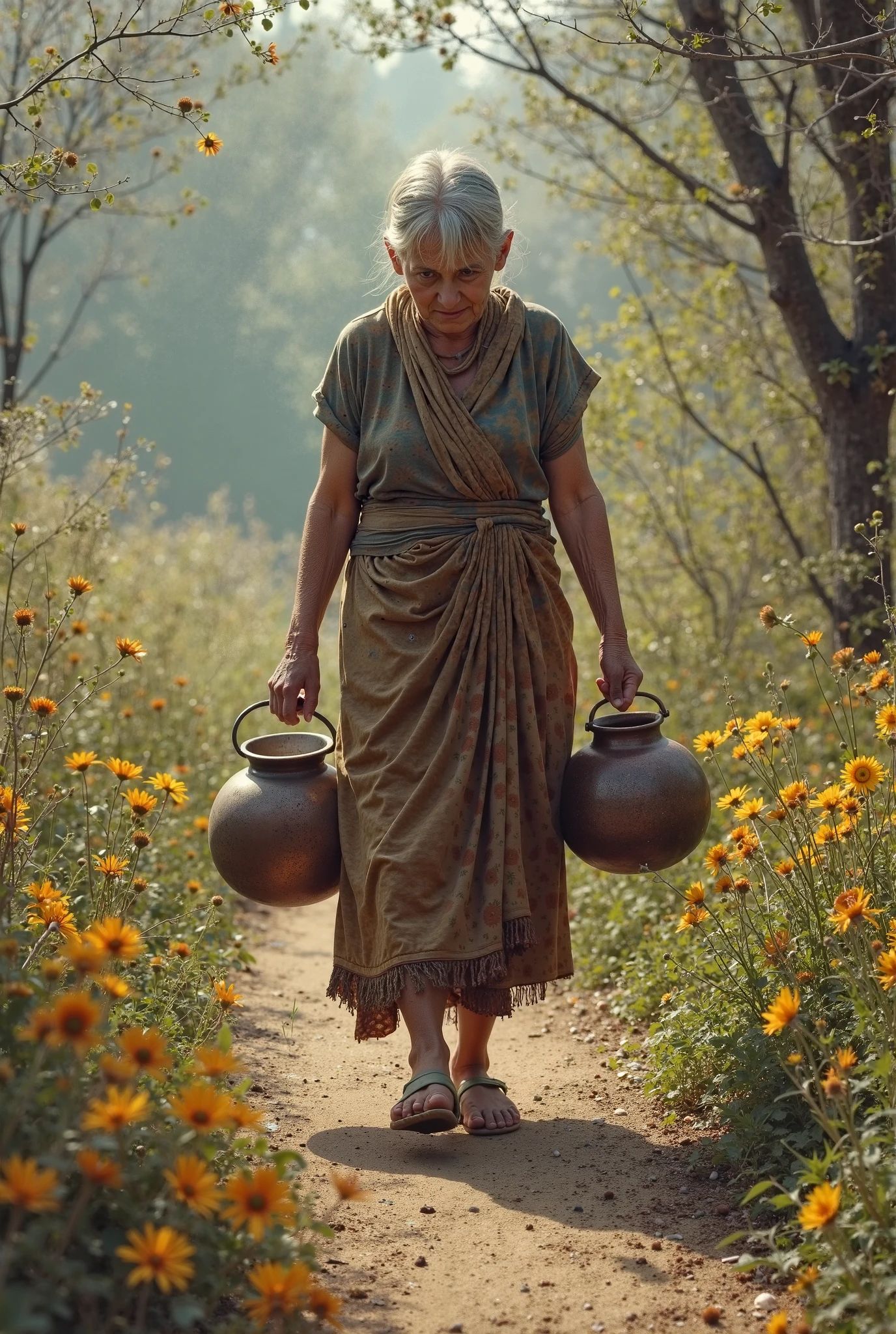 A touching scene of a rain wet dressed elderly woman in a yellow sari carrying a baby through a tea plantation and a landslided forest stream at night, the dense forest in the background with rays of moonlight filtering through, focusing on the emotional bond between them, their expressions showing strength and resilience, Photography, captured with a Canon EOS 5D Mark IV, 50mm lens, f/1.8 aperture, --ar 9:16 --v 5