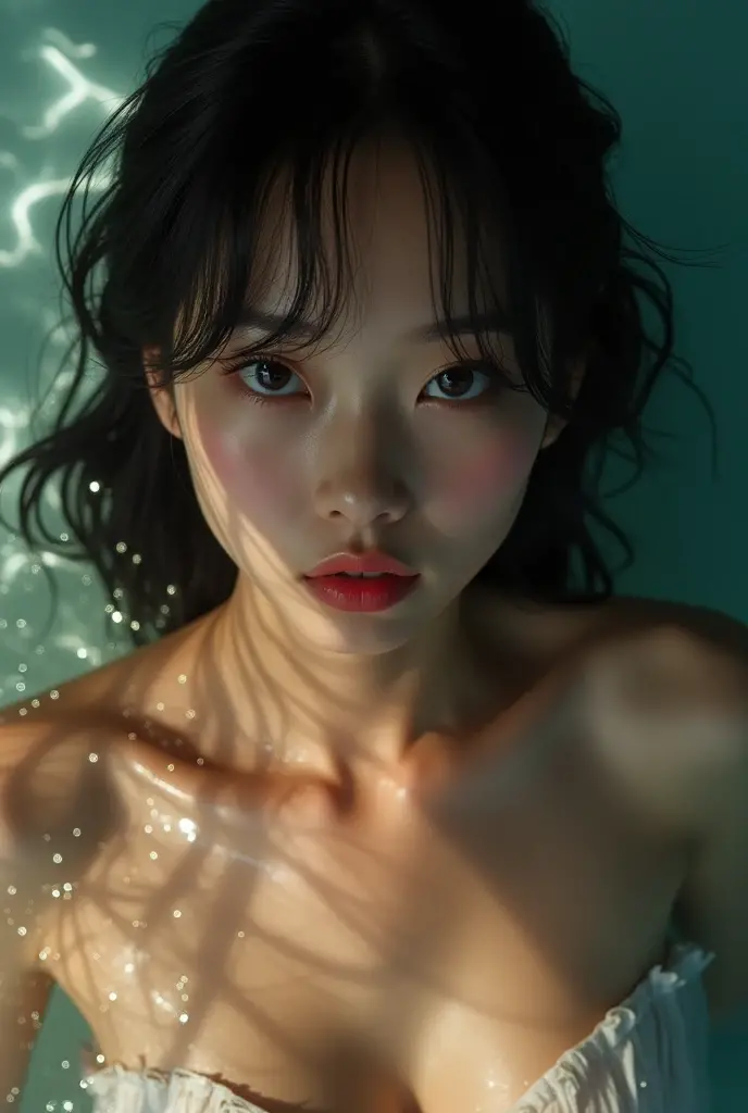 (((Full body image of a woman))),(Model shooting style), (shy), 1 girl, Lonely, Shiny black hair、 Extremely rich facial detail, Beautiful Eyes, cute, Slightly red cheeks,bright, Lonely Eyes, Stunning beauty, Front blur(Rembrandt Lighting), ARRI Lenses, Surreal, (Skin with attention to detail:1.2),4K,ARRI ALEXA LF,Promise, Dramatic Rim Light,Sparkle Effect, high quality,Very delicate and beautiful, wonderful, In detail, masterpiece, Very detailed, High resolution,Best Shot, Best Shadow,Complex,Sharp focus, high quality, 1 Japan woman, alone.cute,Fuka Koshiba,Yuki Sakurai,waterfall,water droplets,Wet,Lens flare,No sleeve,Frills,Beautiful breasts,Swallowtail butterfly,A butterfly flutters,Cool eyes,Glossy Lips,An ennui smile,Glowing Skin,Transparent skin,From above,Open your arms,Waistline,Beautiful nipples,((No shirt, Very good, Naked underneath, Bare chest, Barely covering her nipples)),((Wet, Her clothes are transparent, Her body and skin sweat)),((View from the rear, From above見た図, Bare back)),Bloom