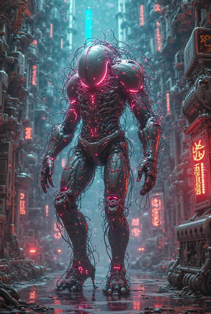 a cybermutant fleshmutant made of pulsating flesh and biomechanical limbs, fusion of flesh and machine, quivering tumors, fleshy growths, mutagenic, cybernetic hoses, wires, anime style, 2d, fighting game style masterpiece, best quality, ultra realistic, 32k, RAW photo, detail skin, 8k uhd, dslr, high quality, film grain,\nShort and messy hair, dynamic, vibrant, action-packed, detailed character design, reminiscent of fighting video games, black bloody veins growing and intertwining out of the darkness, oozing thick neon rainbow blood, veins growing and pumping blood, vascular networks growing, connecting, expanding, red veins everywhere, zdzislaw beksinski, (vibrant colors:1.1), (Infrared:1.2), Rust, Hypercube, ultra detailed, intricate, oil on canvas, ((dry brush, ultra sharp)), (surrealism:1.1), (disturbing:1.1), beksinski style painting, sparks, lens flare, rim lighting, backlighting, RTX, Post Processing, satanic cross, man body, muscular, venom costume, (japanese portal), death shadow nightmare ethereal beast, floating into the abyssal heights, nebula, cinematic, dreaming, Film light, bathing in light, very sharp focus, Hyper detailed, Hyper realistic, masterpiece, spiritual, surreal, atmospheric, maroon cream bronze, High resolution, Vibrant, High contrast, dark angle, 8k, HDR, 500px, dystopian