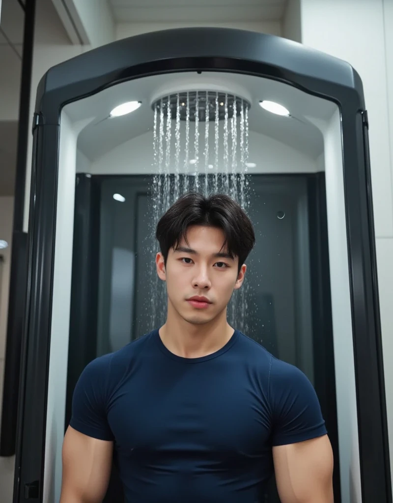 1 man, smile, full body, (full naked body) , korean men, (high glossy details), chest muscles, large arm muscles, blood vessel, big muscles, have dick, Broad shoulders, looking at the audience, Balancing the eyes, (Wear glasses), (wet sweat), on bathtub,