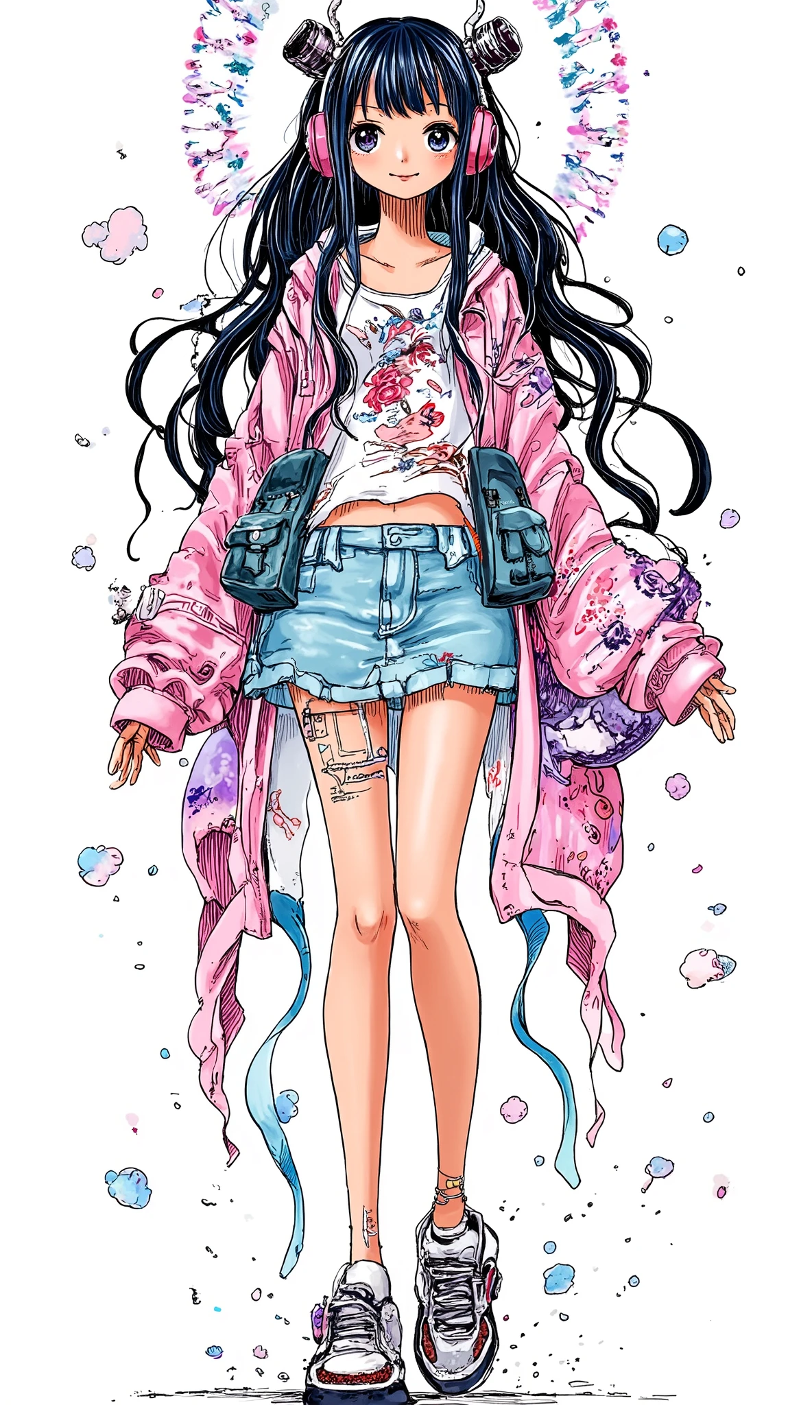 complex art、ultra detailed、mecha art、girl、background is stark white、on3pi3c3styl3、ground、pastel collar、Easy-to-read illustrations、detailed hands、 Details、Perfect piece、HIGH QUALITY、32K、Alone、alone、 perfect eyes、detailed eyes、beautiful faces、HIGH QUALITYな顔、(full body:1.8)、( sexy、sex appeal、Alluring、Big Breasts:1.8)、cartoon dress character design、(perfect face:1.6)、(Beauty:1.8)、detailed illustration、Fine Lines、 nice smile、portrait photography、 cute illustrations、(Age 19、(black)hair、One side up hairstyle、 Hawaiian shirt 、denim miniskirt、Profession=grim Reaper)、 location=sea