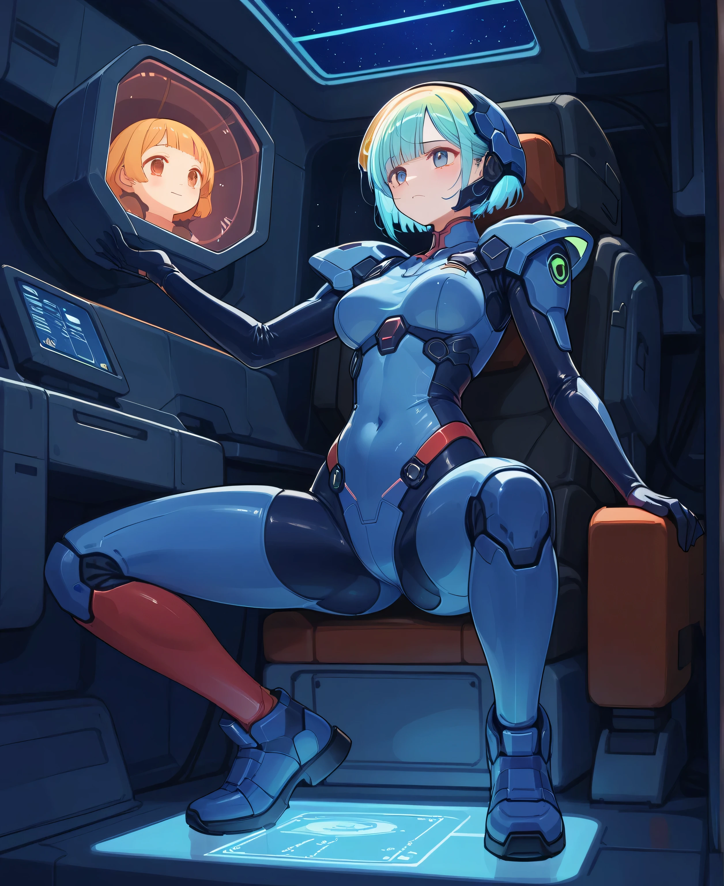 ((Holographic Glow Effect))、 Gundam Wing Cockpit, Lantern、masterpiece、Highest quality、1 person、medium bust、((Album Cover))、Light on Face、slender body、white and blue pilot suit with enamel finish、 elbow length gloves 、long hard boots 、exoskeleton、Metal Gear、cyberpunk style、Gundam Pilot、attention arousal、 bubble helmet 、 space helmet, muvluv, space helm, eva helm,Transparent face guard,Complex and precise instruments,full body