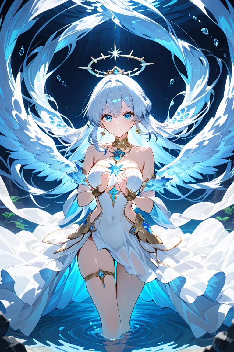 Short glow ice blue hair,Very sweet and shiny delicate face,A creamy and soft blue-and-white long cotton coat with a high collar,With a blue-silver ice crystal necklace,Reveals long smooth and delicate legs,Very exquisite and high-definition