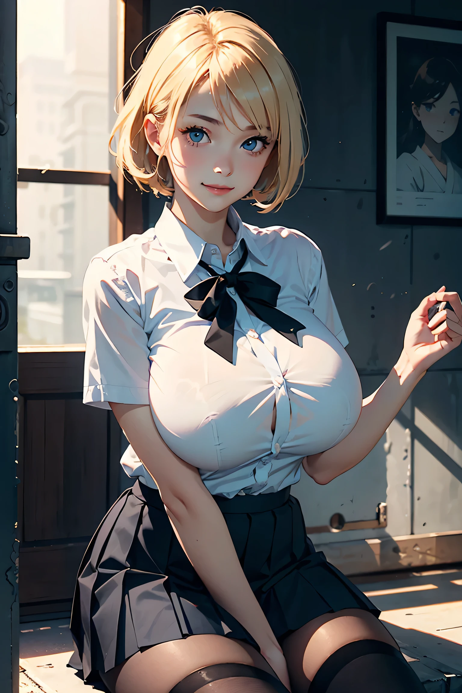 (Masterpiece:1.3、highest quality、Ultra-high resolution、Super detailed)、(Real:1.1、Photorealistic:1.4)、Beautiful illustrations、Perfect lighting、colorful、Border Depth、Beautiful hair in every detail、Beautiful face in every detail、Beautiful definition details、Beautiful clavicle、Beautiful body、Beautiful breasts、Beautiful thighs、Beautiful legs、Beautiful fingers、Show Viewer、1 girl、Japanese、high school girl、Perfect Face、(Perfect Anatomy、Anatomically correct)、Cute and symmetrical face、Baby face、Skin radiance、(Camel Toe:1.5、Shaved:1.2)、Blonde、Asymmetrical Bangs、blue eyes、Long eyelashes、(Chest)、Skinny、(Pull up your skirt、Not wearing underwear、No underwear:2、No bra:1.5)、((Collared short-sleeved shirt、White shirt、White panties、)Grey plaid pleated skirt、There is nothing attached under the skirt))、(Beautiful views)、noon、(classroom、distant cityscape)、Are standing、(She&#39;s pulling up her skirt herself:2)、(Cute smile、Blushing、Looking up、Open your mouth)、 (White knee socks:1.5)、hour々squat:1.2、Stick your fingers in your:1.2、