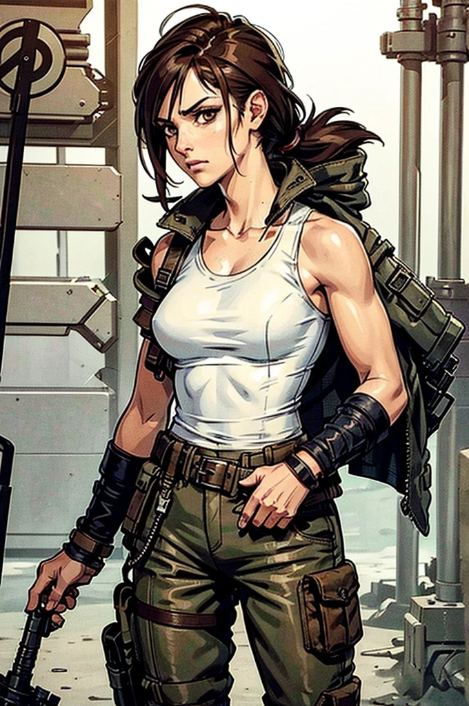 a military woman, well trained body, white sleeveless t-shirt, Exposed collarbone, beige leather shelter, blue pants, two leather belts with gun pockets, dark brown hair, carving, Brown eyes, hazel left eye, left eye with a scar, beach shore, at daytime, getting off a water boat, calm expression, sparkling beach, In a post-apocalyptic environment, post - apocalyptic cowgirl, Post - Apocalyptic style, Post apocalyptic clothing, pose, post-apocalyptic, Postapocalyptic style, post apocalyptic grunge, Post - Apocalyptic Scavenger. (Ultra quality) 8k quality, detailed, perfect light, perfect angle, perfect sharpness.