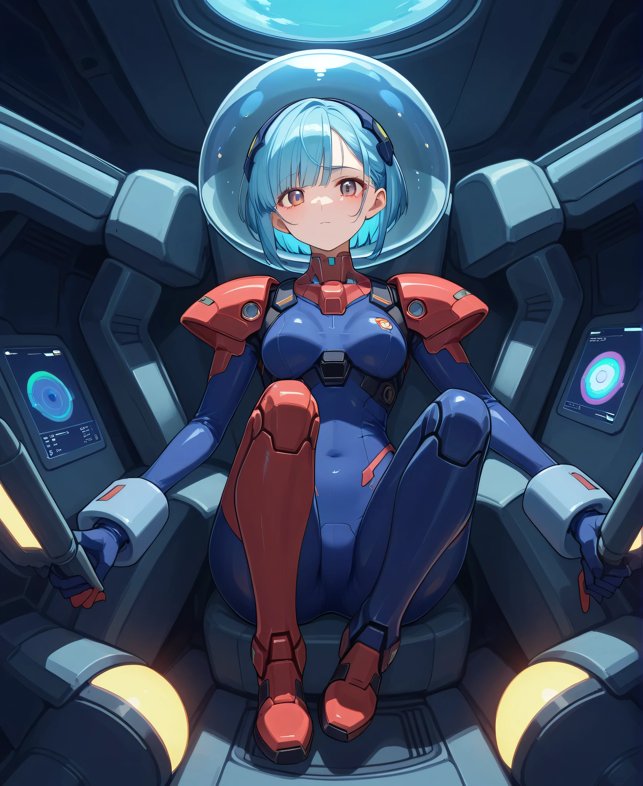 ((Holographic Glow Effect))、 Gundam Wing Cockpit, Lantern、masterpiece、Highest quality、1 person、medium bust、((Album Cover))、Light on Face、slender body、white and blue pilot suit with enamel finish、 elbow length gloves 、long hard boots 、exoskeleton、Metal Gear、cyberpunk style、Gundam Pilot、attention arousal、 bubble helmet 、 space helmet, muvluv, space helm, eva helm,Transparent face guard,Complex and precise instruments,full body
