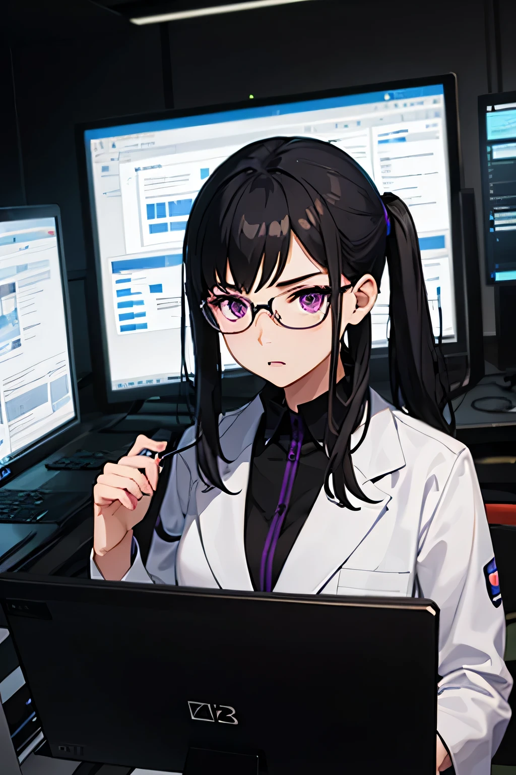 25-year-old woman , black color hair, purple eyes, is wearing glasses, is an information technology expert, intelligent , wearing the lab coat, facing the future, fierce, bawel