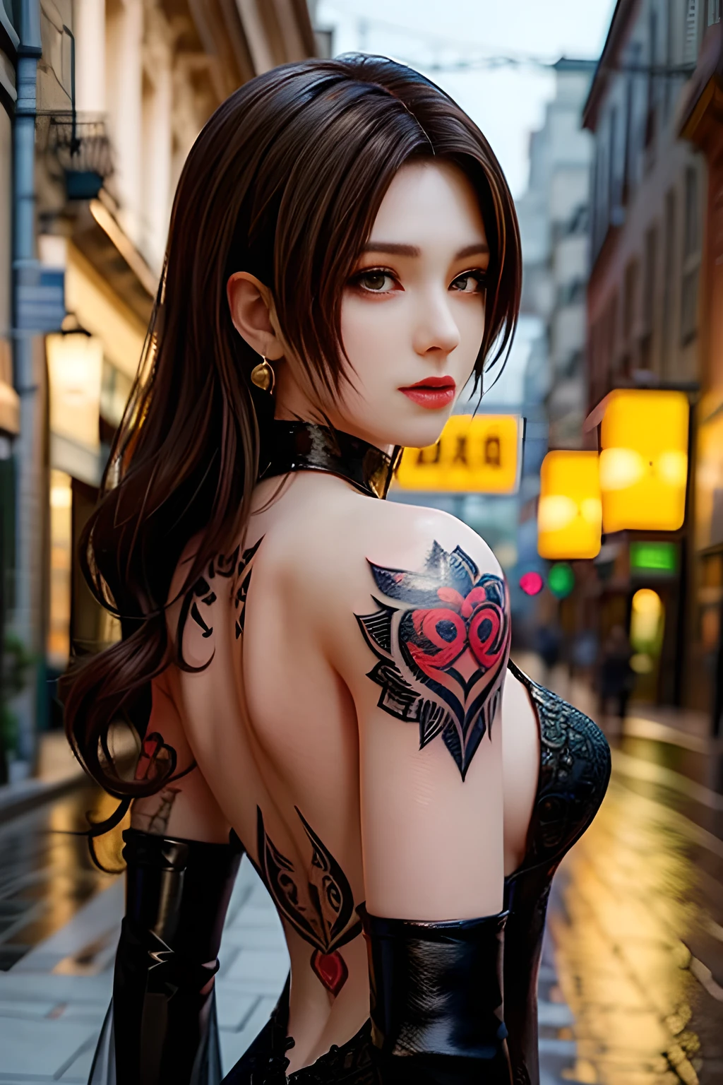 ((Realistic lighting, melhor qualidade, 8k, obra de arte: 1.3)), Foco claro: 1.2, Eliza From Tekken, figura perfeita: 1.4, Abdominais magros: 1.1, ((cabelo curtos escuro)), (blusinha com decote: 1.4), (de sainha curta preta), (ar livre, noite: 1.1), ruas da cidade, Rosto super fino, belos olhos, Palpebras duplas,