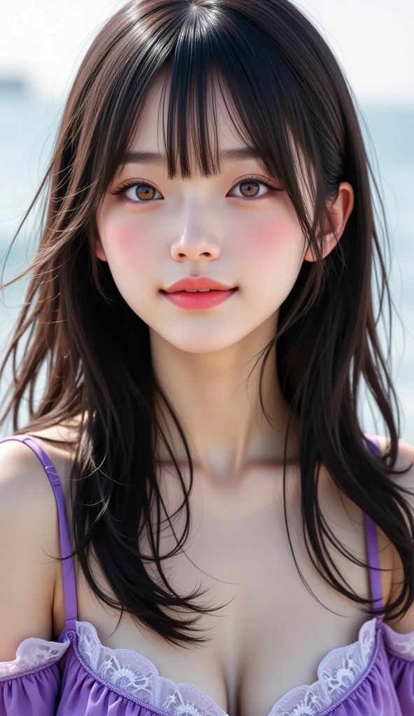 (masutepiece, Best Quality:1.3), 8K, Official art, Raw photo, absurderes, Delicate girl, (close up, Cute face:1.2), PINK Bikini, Cinch West, Large breasts, Bangs, violaceaess, gardeniass, (Solo, Beach, Horizon, Beautiful sea, skyporn, A clear day:0.8), (Simple background:1.4), (Bokeh background:1.3), face lights, Teen, Looking at Viewer, thin arm, Film grain, chromatic abberation, Sharp Focus, Dynamic lighting, (Detailed face:1.2), (Smile:0.3)