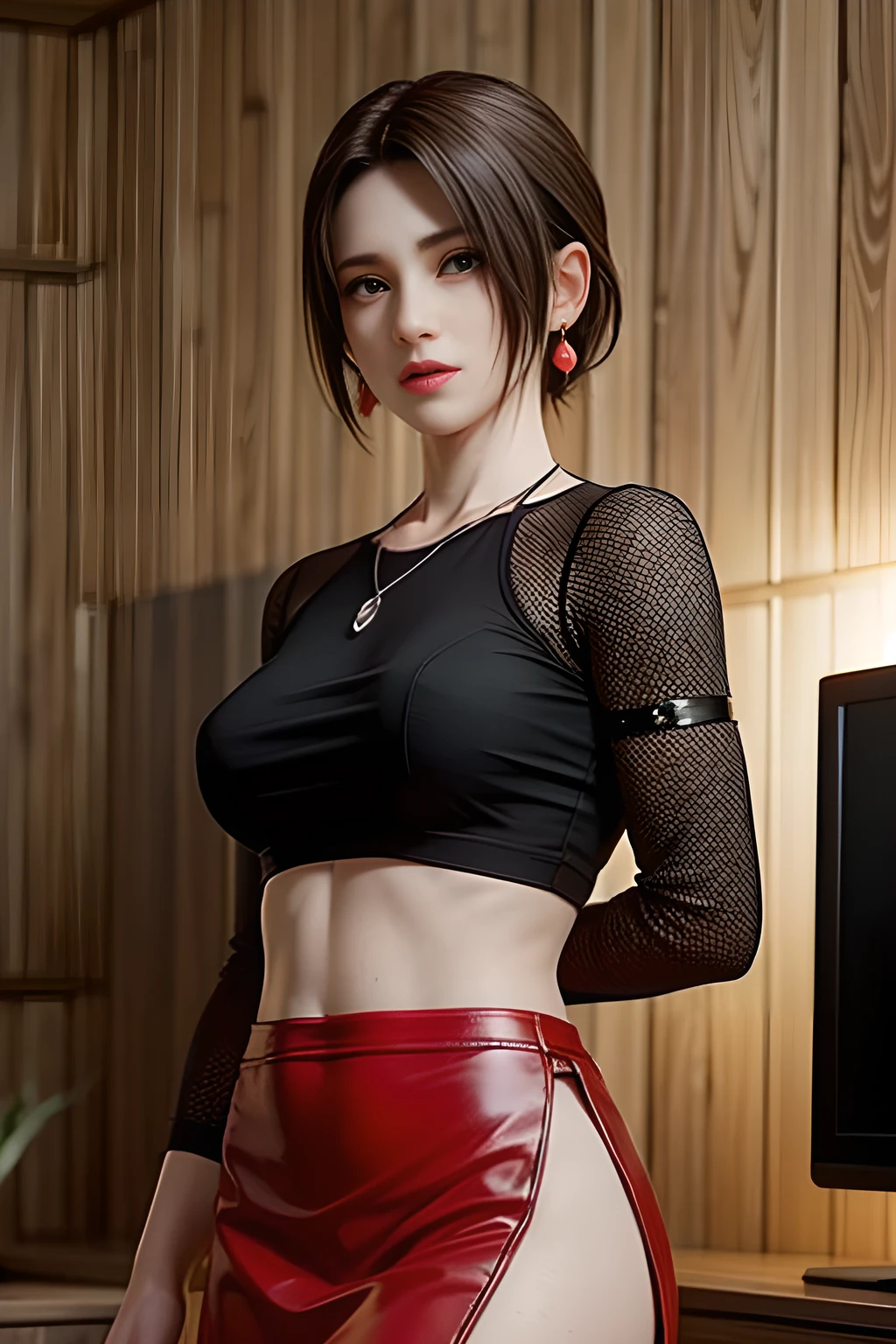 a woman wearing a skirt and blouse under a sweater, 1girl, ((woman)), glasses, ((muscular woman)), red plaid skirt, solo, black hair, navel, twin braids, jewelry, pantyhose, long hair, sharp focus, perfect hands, perfect light