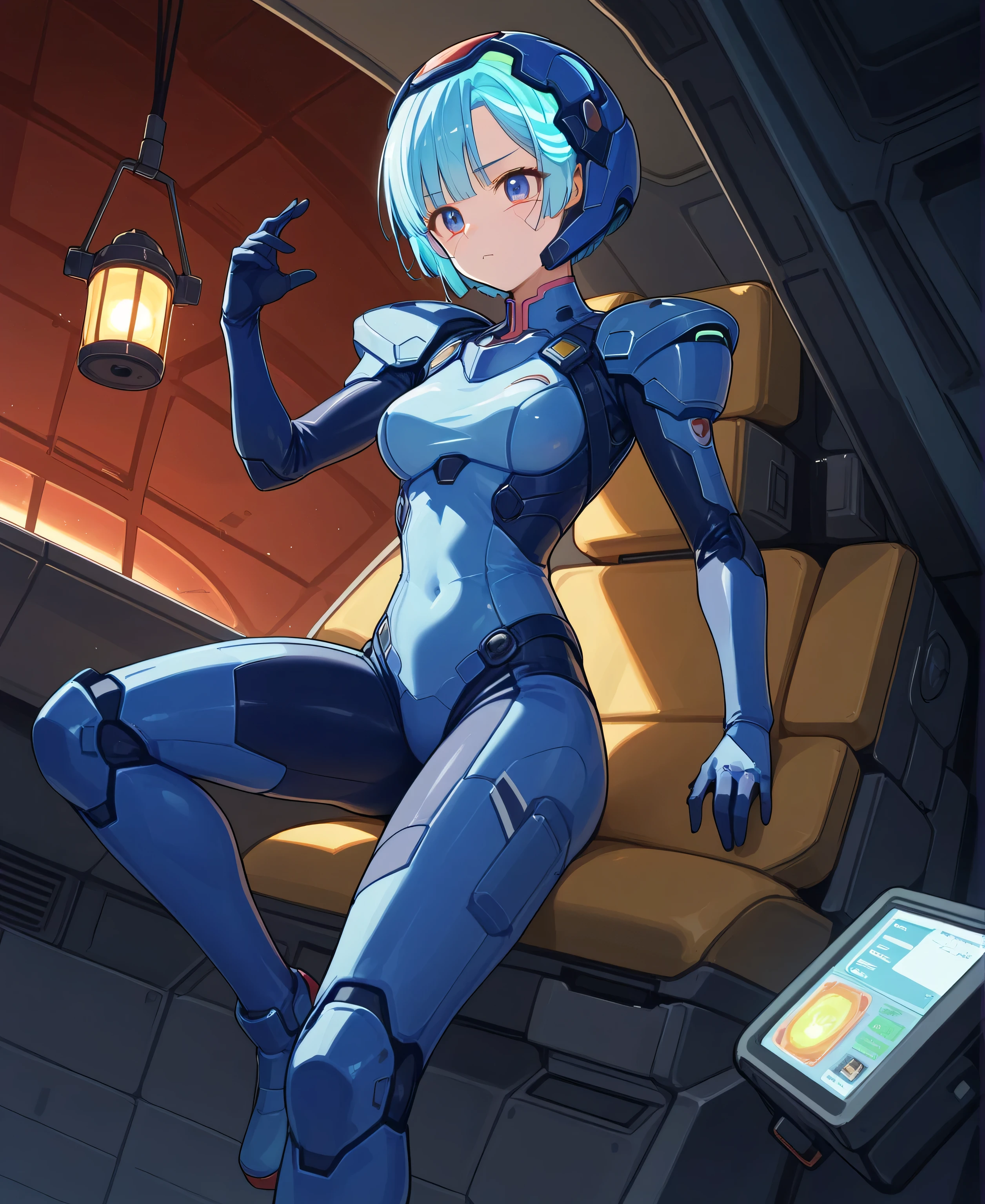 ((Holographic Glow Effect))、 Gundam Wing Cockpit, Lantern、masterpiece、Highest quality、1 person、medium bust、((Album Cover))、Light on Face、slender body、white and blue pilot suit with enamel finish、 elbow length gloves 、long hard boots 、exoskeleton、Metal Gear、cyberpunk style、Gundam Pilot、attention arousal、 bubble helmet 、 space helmet, muvluv, space helm, eva helm,Transparent face guard,Complex and precise instruments,full body,Kneel