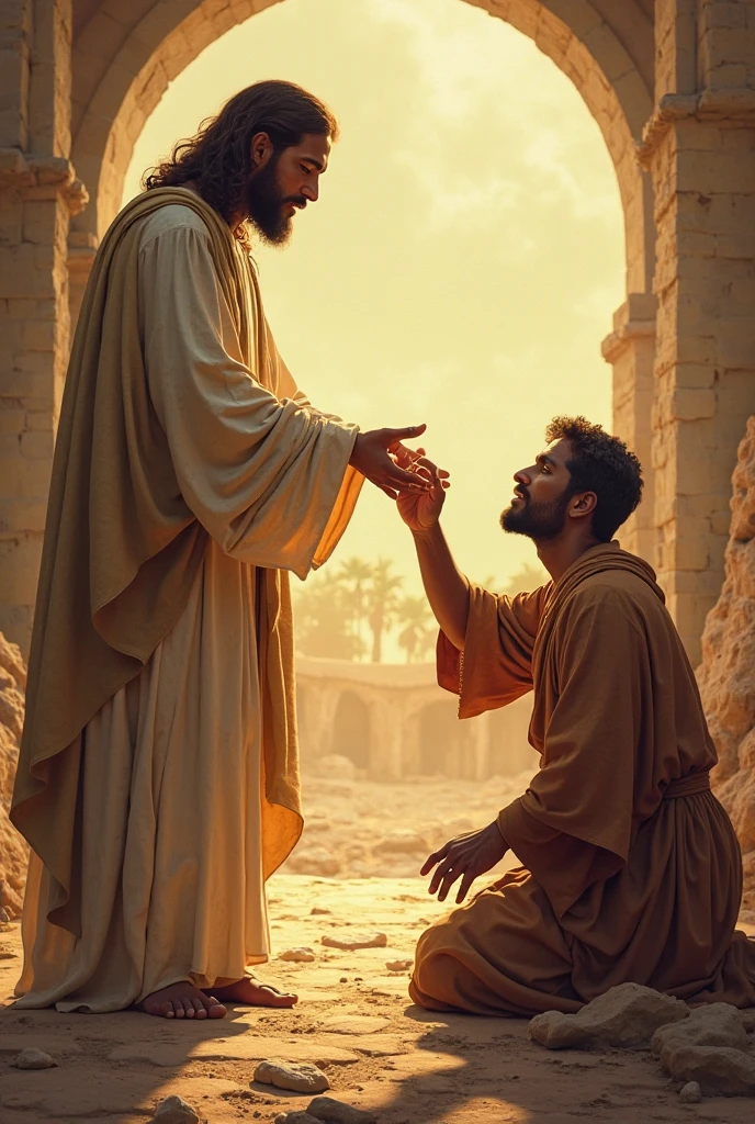 make an image of a Jewish man representing Jesus from the Bible healing a Palestinian man with leprosy