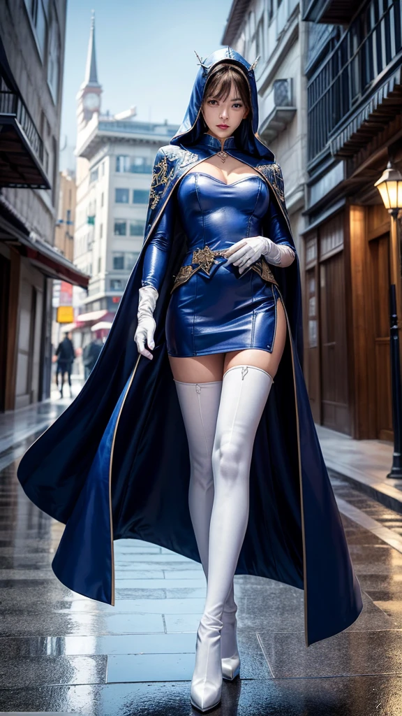 Beautiful woman short white hair yellow eyes perfect black and white super heroine full body costumes with cape black lips