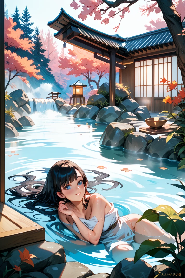 Open-air bath、Sweat、girl、Japan、hot spring、Beautiful scenery、cherry blossoms、
