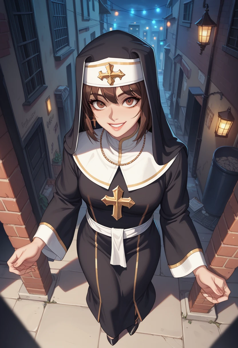 ((anime boy)), ((crossdresser)), (((1boy)))), (((solo))), ((((alone)))) medium dark brown hair, red eyes, ((((brown skin)))), wide hips, narrow waist, thick thighs, flustered, brushing, standing in a church, ((flat chest)), long skirt, shirt, (((skin tight black nun dress))), in a suggestive pose