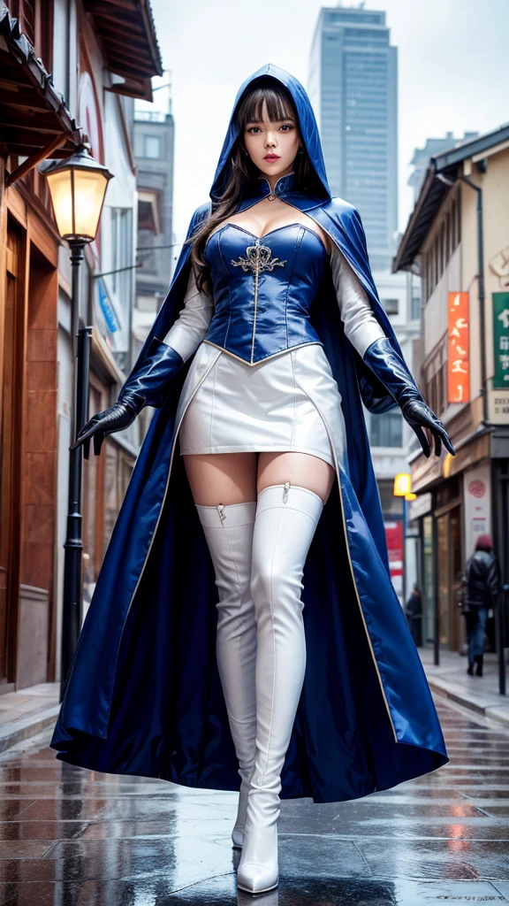 South korea women mystery hooded on with modern royal Blue coat with buttons and royal Blue cape and very high white heel over the knee and white gloves, As she reveals a small secret hidden blade, adding to the character’s mysterious and agile appearance, with small movements of air on the cape, in summer at night under the rain, with buildings featuring curved eaves and detailed architecture. The scene is set at night,a corpse behind her, intricate detail, ultra detail, incredible detail, intricate detail, extremely detailed and intricate, super max, masterpiece, best quality, HDR, UHD, unreal engine. , beautiful face, Rich in details High quality, gorgeous, captivating, 8k, super detailed, stunning shadows, detailed lines