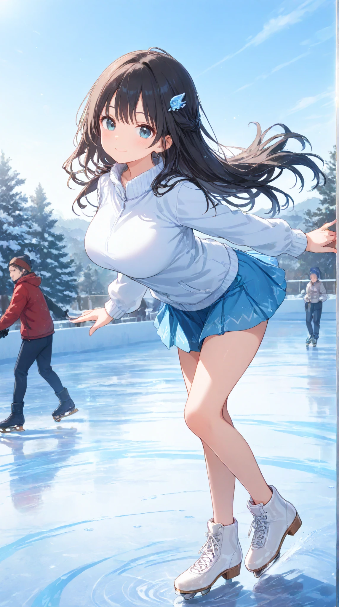 high quality,HD,16k,sharp lines,1 girl,Female figure skate athlete ,cute face, large breasts, nice legs,At the figure skate venue,focus girl,detailed beautiful face,detailed clothes,beautiful eyes,cool,dynamic angle