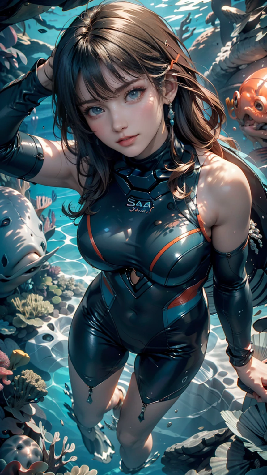 (best quality,4k,8k,highres,masterpiece:1.2),ultra-detailed,(realistic,photorealistic,photo-realistic:1.37) underwater city, vibrant colors, marine life, bubbles, aquatic plants, beautiful, masterpiece, hyper-detailed, hyper-realistic, sunlight piercing through the water, beautiful underwater effect, water reflections, cityscape reflected in the water, sparkling water, crystal clear underwater view, mesmerizing sea creatures, playful dolphins, colorful coral reefs, intricate architecture, lively atmosphere, people swimming and diving, mermaids gracefully swimming, tropical fish in vibrant hues, variety of underwater species, abundance of marine flora, shimmering light rays, peaceful underwater world, tranquility and serenity in the aquatic environment.
