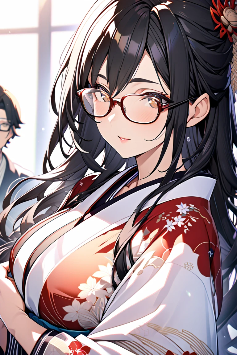 Ultra-realistic 8k CG, masterpiece, ((super detailed background, delicate pattern, intricate details)), (very detailed, small details), highest quality, (realistic:1.4),beautiful lighting, disorganized, RAW photo, film grain, ((medium breasts, slim girl)), Tashigi, 1 girl, alone, black hair, Glasses, epaulet, gloves, closed mouth, blue hair, long hair, red frame glasses, pants, coat, shirt, brown eyes, Floral, (intricate detailsな背景, snowy nature environment, snow, daytime, Sunny, close, portrait),((slim girl, medium breasts)), In town、walking、smile,big breasts