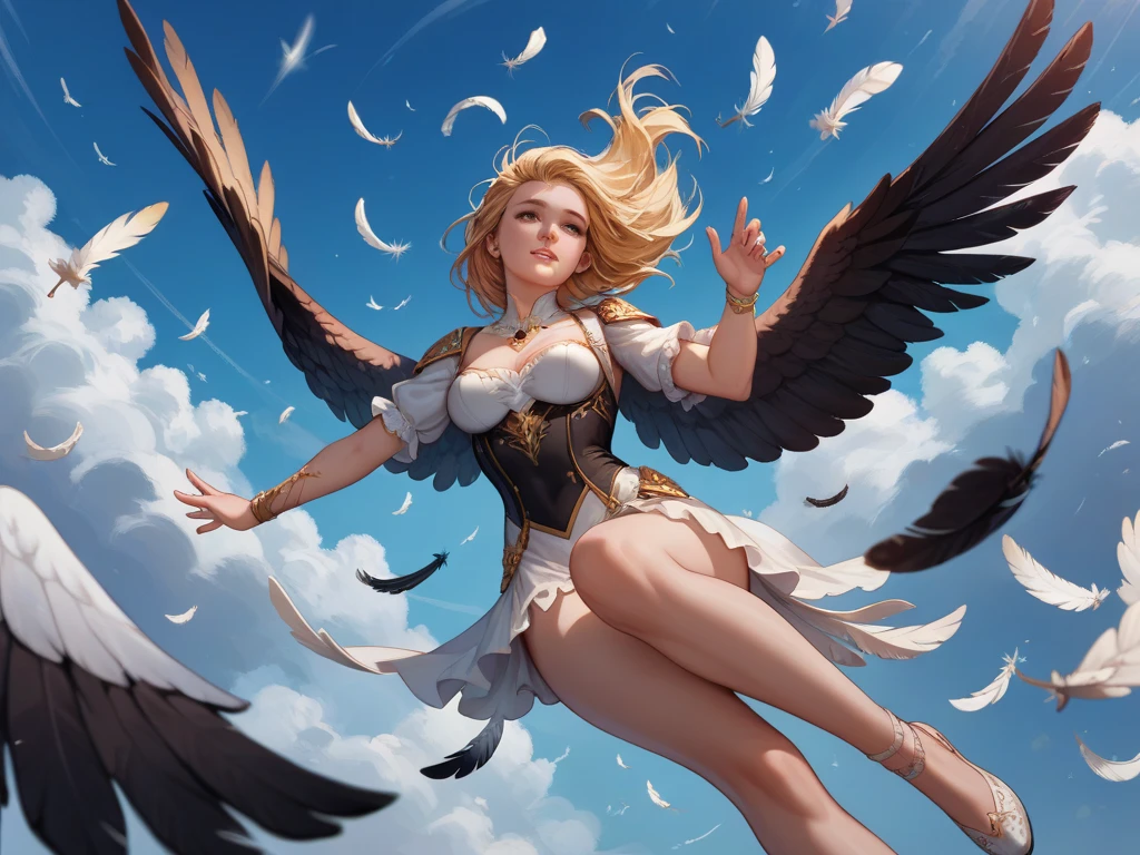 ((Highest quality)), ((masterpiece)), (detailed), Captivating Gaze, leotard, pantyhose, stockings, Bodysuits, Seductive pose, Delicate Wings,, Mystical Sky, Soft colors, (detailed cloudscape:1.3), (High resolution:1.2), From below, (evaluation_Explicit), (High resolution, 4K)(A ballerina dancing gracefully on stage with graceful poses and movements、 Performing ballet with wide-ranging movements, Spotlight)