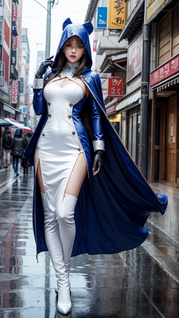 South korea asssassin's creed walk women mystery hooded on with modern royal Blue coat with long and wide sleeves with buttons and royal Blue cape and very high white heel over the knee and white gloves, As she reveals a small secret hidden blade coming from his palm , adding to the characters mysterious, with small movements of air on the cape, in summer at night under the rain, with buildings featuring curved eaves and detailed architecture. sophisticated and highly detailed, ultra hd, realistic, hyper detailed, enhanced colours, ultra sharp focus, with vibrant, rich in details High quality, gorgeous, captivating, 8k, super detailed, stunning shadows, detailed lines, blood stain on coat and gloves, corpses in the street recently murdered