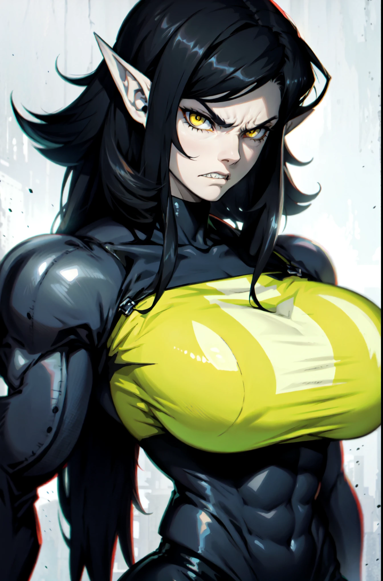 girl huge breasts bodybuilder muscular toned body pale skin black hair very long hair yellow eyes angry (blushing embarrassed)