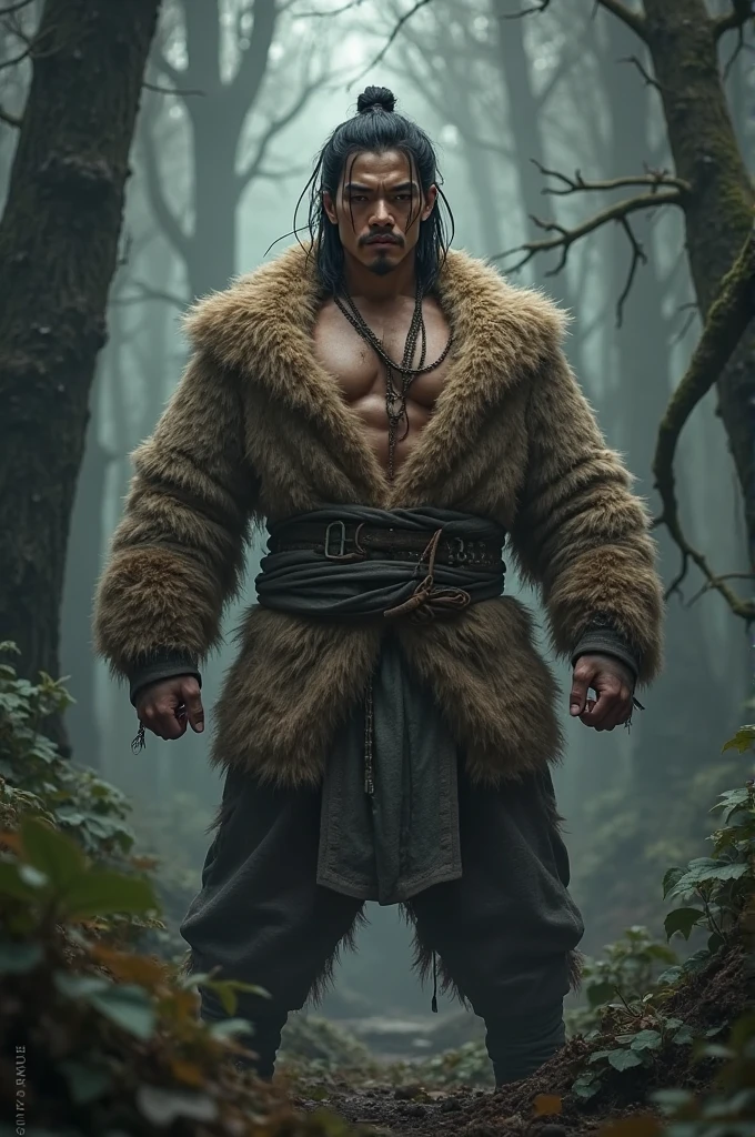 Exu Ancient shaman dressed in wolf skin in the dark forest