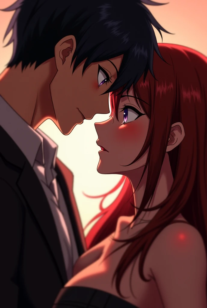 Handsome anime vampire boy is biting an anime girl's neck.