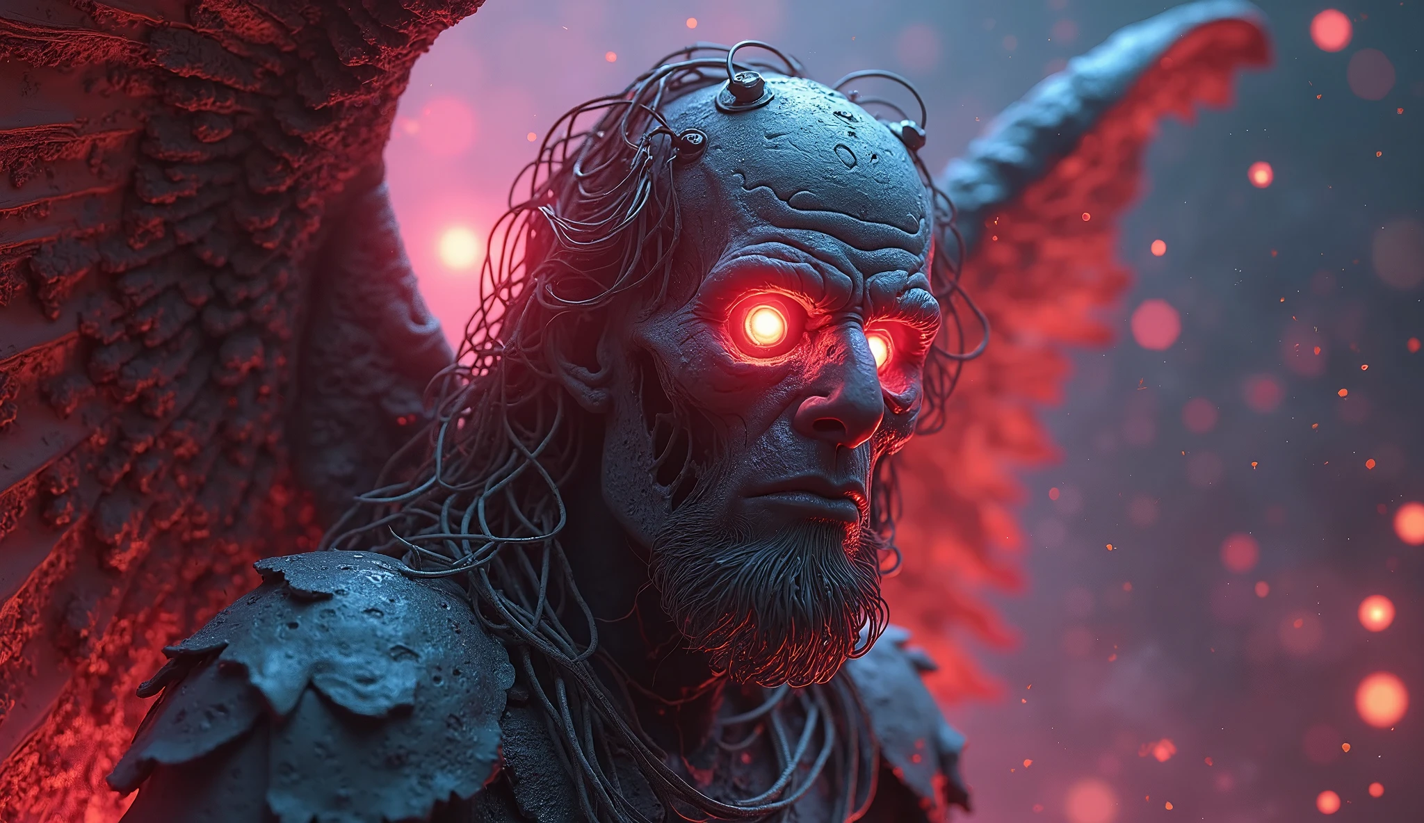 Cosmic Fallen Angel, glowing light eyes, Biomechanical, eerie, Creepy, nightmarish, Very bright colors, Light particles, with light glowing, Mshiff, wallpaper art, UHD wallpaper, cinematic styles, cinematic lights 