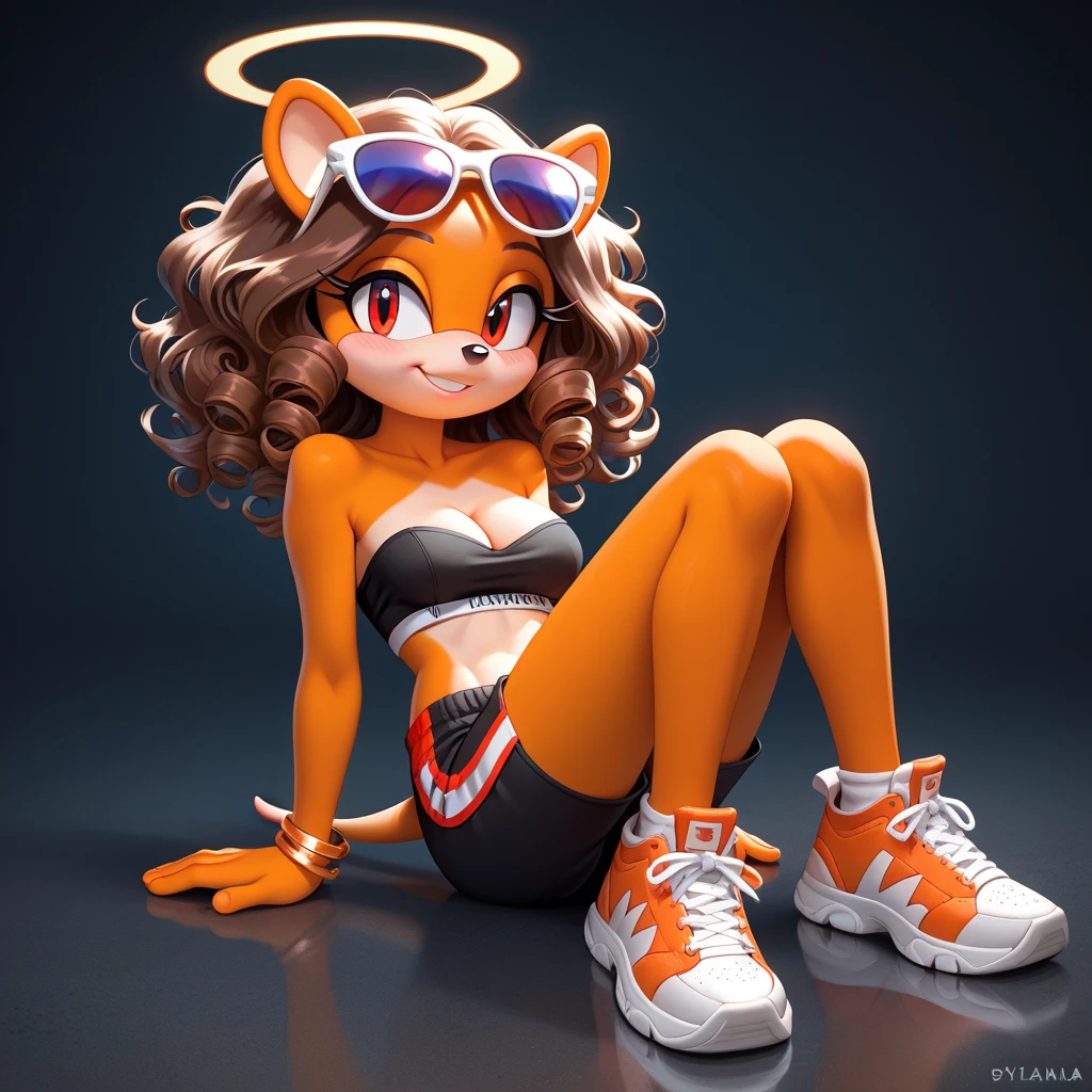 mobian, hedgehog, two-tone fur ((orange fur, brown fur)), pyjama elastic shorts, strapless crop top, cleavage, high-top sneakers, two-tone hair (brown hair, black tip)), curly hair, halo, sunglasses, jewelry, red eyes, longeyelashes, red eyes, smile, shy, blush, high detail, masterpiece, UHD, anatomically correct, super detail, highres, 4K