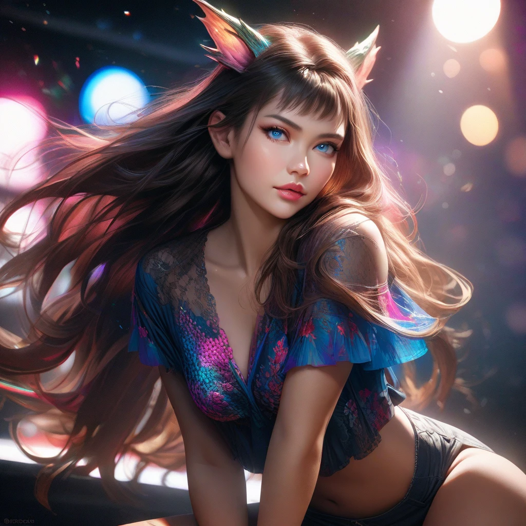 NSFW, 8k, High-level, absurd, masterpiece, best quality, primitive, very detailed CG, very detailed wallpaper, perfect lighting, Extremely detailed ((( personifying " Farrah Fawcett Majors " as a ))), MysticSight, Tyndall effect, Tyndall scattering, (Studio gray background with (Overflowing oodles Dazzling RainbowColorParticles (BokeH))), (RoundlyButts, ThighGap), (Exposed:0.4), (Assfocus with looking ahead) BREAK (Acutance:0.88), (NOGIZAKA face variations) Extremely Detailed very KAWAII face variations, perfect anatomy, Childish, CaptivatingGaze ElaboratePupils detailed Eyes with (sparkling highlights:1.28), (Voluminous LongEyelashes、GlossyRED Lips with beautiful details, RosyCheeks, Radiant PearlSkin with Transparency . { (Dynamic LifeLike expressions:1.4) | :d) }, (large eyes:-1) .