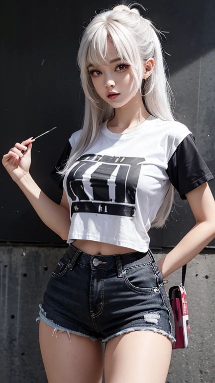 Goth woman, (goth makeup), (White skin), (a t-shirt and skinny mini shorts), (show under ), (fishnet stockings), (navel jewellery), (pierced ears), (pierced lips), blue eyes, short messy cream yellow emo hair, (bedroom background), thick thighs, BIG breasts, (8K), (wallpaper), (dynamic lighting), (detailed face and eyes:1.2)、巨乳、(車の助手席)