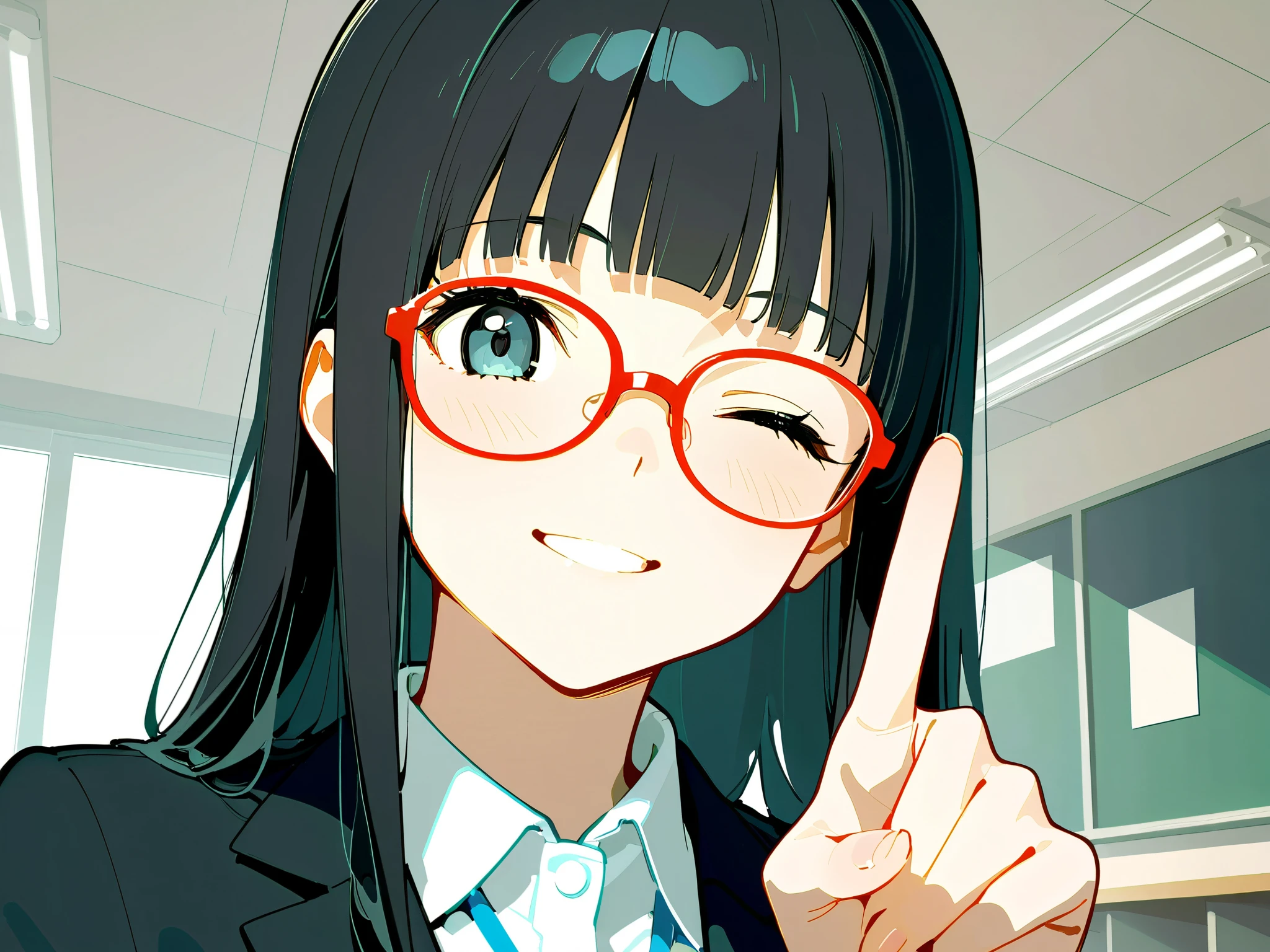 (masterpiece, best quality), ultra detailed,
BREAK
sexy,
face close up, her index finger extended in a ‘shh’ gesture,
straight long black hair, blunt bangs, ((clothed business suit)),
indoors, class room, red frame glasses, smile, one eye closed,