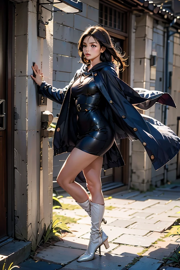 Masterpiece, Top Quality, 8K, Detailed, Detailed Face and Skin, High Resolution, Perfect Anatomy, Physically Based Rendering, Tits Sharp Focus, (Photorealistic: 1.5), Cowboy Shot, 1girl, 17 Years Old, Cute Face , bright smile, attractive girl with curly hair, full body portrait, beautiful face, detailed face, perfect proportions, charming bust, thin waist, long proportions of the limbs), navel, crotch gap, thighs, long Legs, high heels, a petite figure, wearing a super mini dress, a pretty face, captivating blue eyes, and a moderate bust size, showing off her natural beauty, the background is a back alley in the West, The background is blurred, the depth of field is shallow,