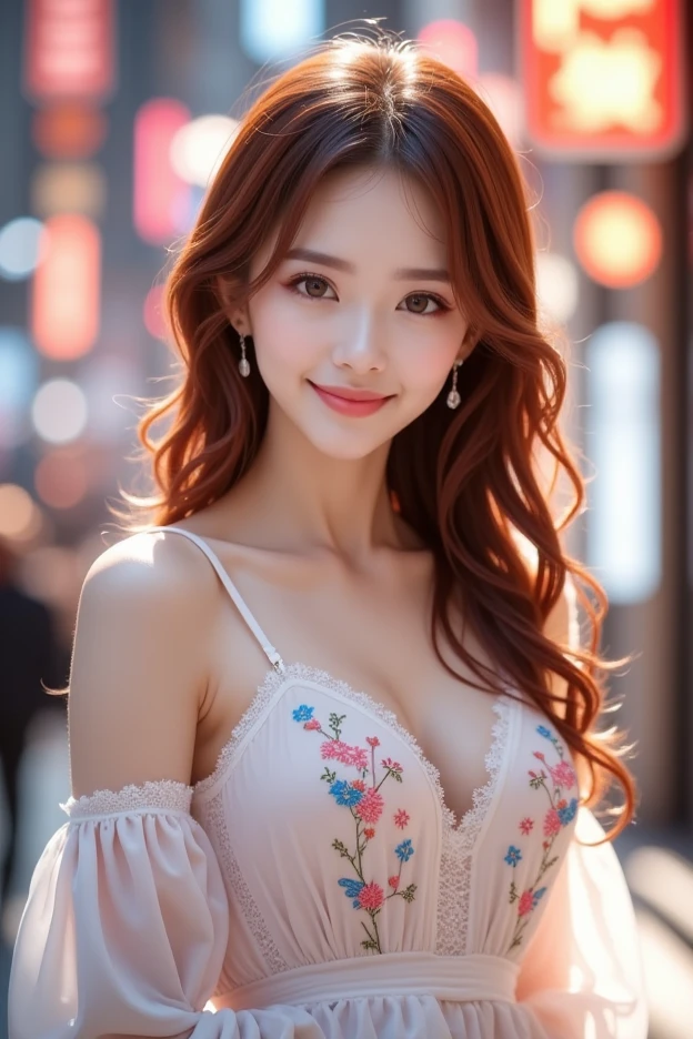 best quality,ultra-detailed,realistic:1.37,portrait,beautiful detailed eyes,beautiful detailed lips,curly red hair,curvy figure,big breasts,gorgeous smile,stylish outfit,k-pop idol,confident pose,natural makeup,vibrant colors,warm lighting,artistic background,soft shadows,studio lighting