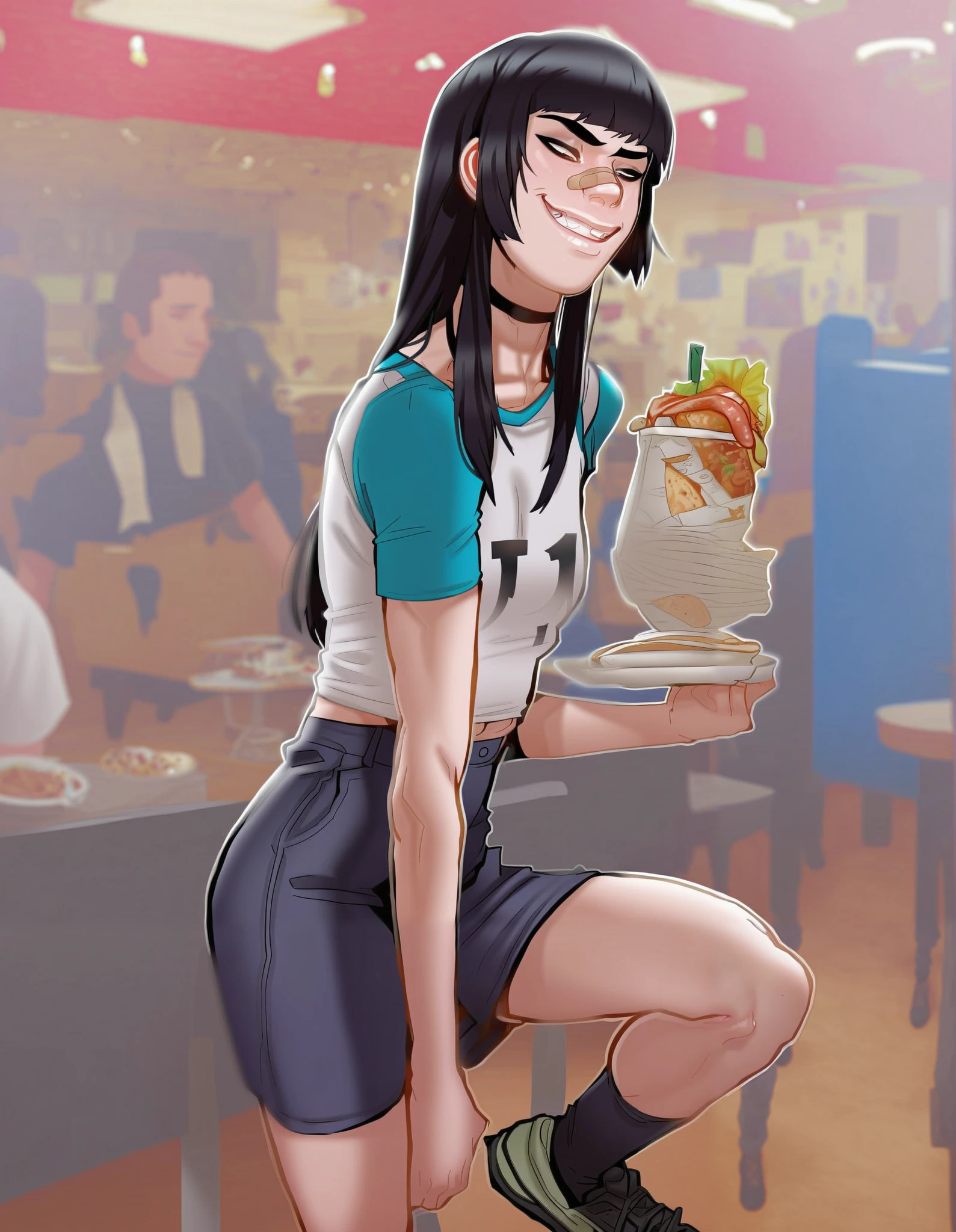andava_style, best quality, absurdres, masterpiece, 1girl, na-na_kim, athletic girl, girl, korean girl, black hair, long hair, hime cut, black eyes, bandaid on nose, pale skin, small breasts, choker, kneesocks, blurry background, (playful gaze, smirking:1), fast-food uniform, restaurant, standing, counter